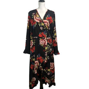Boohoo Wrap Dress Plus size 16 Black Red Floral Ruffles Modest Wedding Church